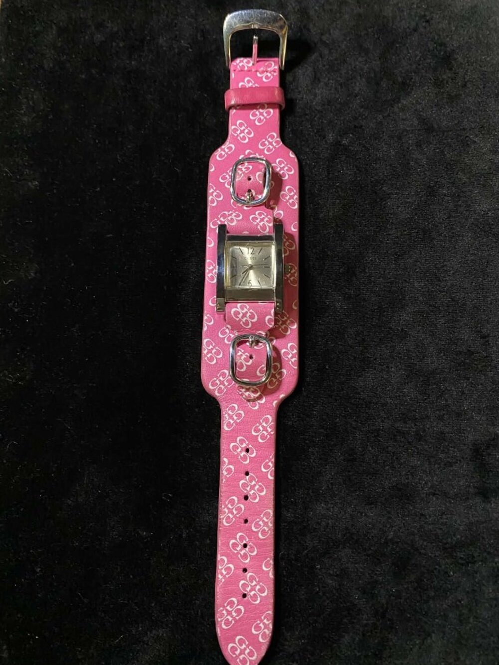Vintage Y2K Guess Pink Silver tone Wide Cuff Leather Band Working Watch